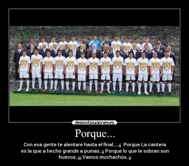 Porque... - Con esa gente te alentare hasta el final.....¡¡ Porque La cantera
es la que a hecho grande a pumas..¡¡ Porque lo que le sobran son
huevos..¡¡¡ Vamos muchachos..¡¡