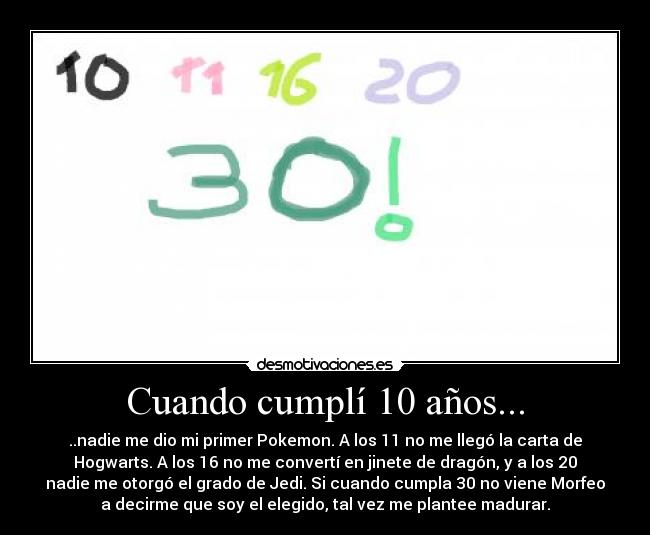 Cuando cumplí 10 años... - ..nadie me dio mi primer Pokemon. A los 11 no me llegó la carta de
Hogwarts. A los 16 no me convertí en jinete de dragón, y a los 20
nadie me otorgó el grado de Jedi. Si cuando cumpla 30 no viene Morfeo
a decirme que soy el elegido, tal vez me plantee madurar.