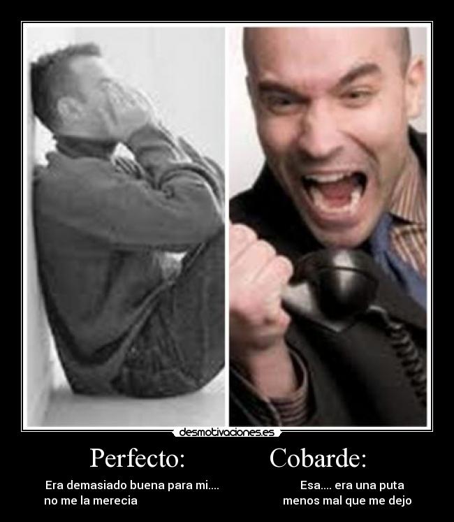 Perfecto: Cobarde: - Era demasiado buena para mi.... Esa.... era una puta
no me la merecia menos mal que me dejo