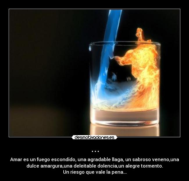 ... - Amar es un fuego escondido, una agradable llaga, un sabroso veneno,una
dulce amargura,una deleitable dolencia,un alegre tormento.
Un riesgo que vale la pena...