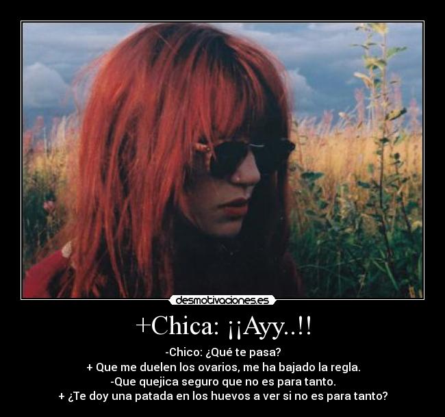 +Chica: ¡¡Ayy..!! - -Chico: ¿Qué te pasa?
+ Que me duelen los ovarios, me ha bajado la regla.
-Que quejica seguro que no es para tanto.
+ ¿Te doy una patada en los huevos a ver si no es para tanto?
