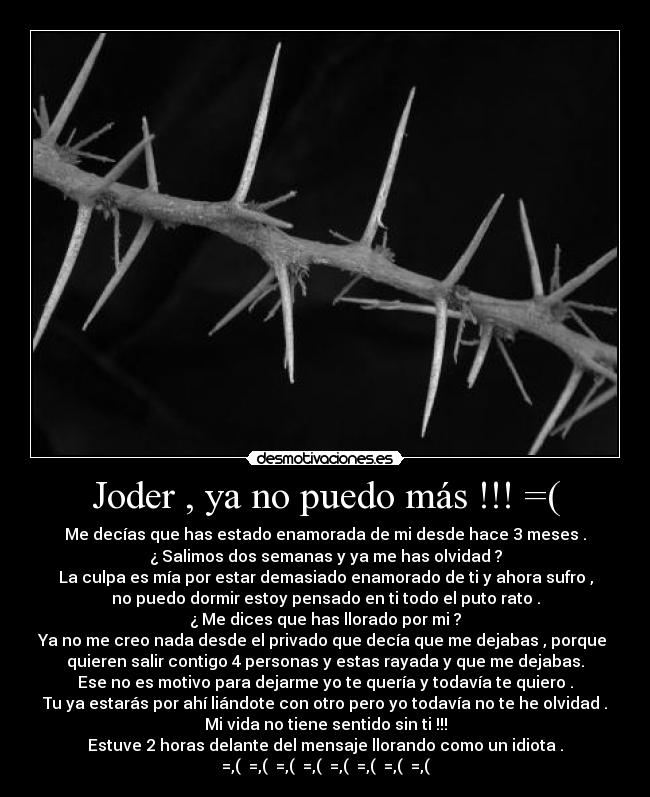 Joder , ya no puedo más !!! =( - Me decías que has estado enamorada de mi desde hace 3 meses .
¿ Salimos dos semanas y ya me has olvidad ?
La culpa es mía por estar demasiado enamorado de ti y ahora sufro ,
no puedo dormir estoy pensado en ti todo el puto rato .
¿ Me dices que has llorado por mi ?
Ya no me creo nada desde el privado que decía que me dejabas , porque
quieren salir contigo 4 personas y estas rayada y que me dejabas.
Ese no es motivo para dejarme yo te quería y todavía te quiero .
Tu ya estarás por ahí liándote con otro pero yo todavía no te he olvidad .
Mi vida no tiene sentido sin ti !!!
Estuve 2 horas delante del mensaje llorando como un idiota .
=,( =,( =,( =,( =,( =,( =,( =,(