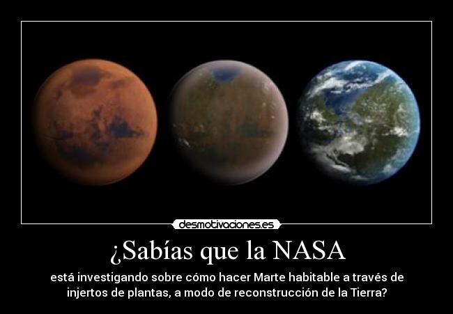 ¿Sabías que la NASA - está investigando sobre cómo hacer Marte habitable a través de
injertos de plantas, a modo de reconstrucción de la Tierra?