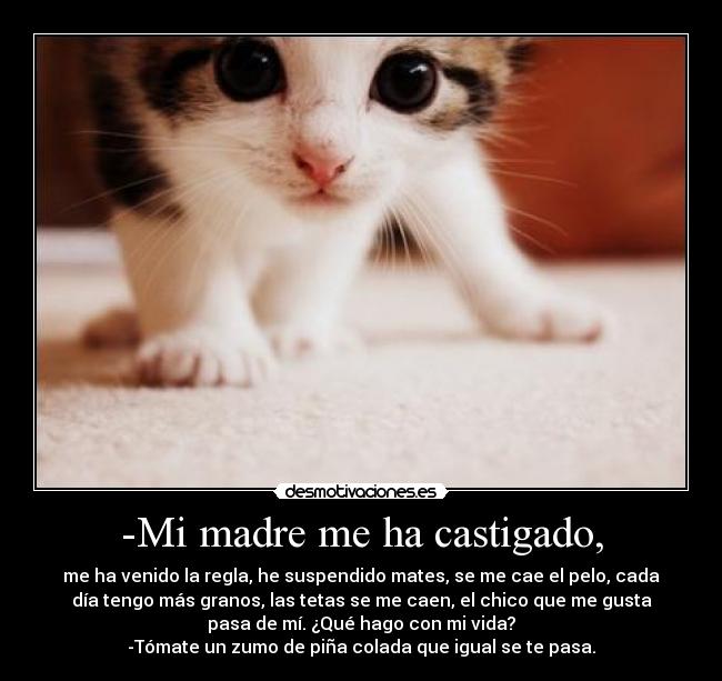 -Mi madre me ha castigado, - me ha venido la regla, he suspendido mates, se me cae el pelo, cada
día tengo más granos, las tetas se me caen, el chico que me gusta
pasa de mí. ¿Qué hago con mi vida?
-Tómate un zumo de piña colada que igual se te pasa.