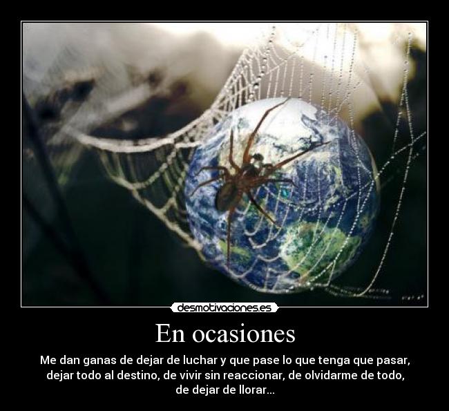 En ocasiones - Me dan ganas de dejar de luchar y que pase lo que tenga que pasar,
dejar todo al destino, de vivir sin reaccionar, de olvidarme de todo,
de dejar de llorar...