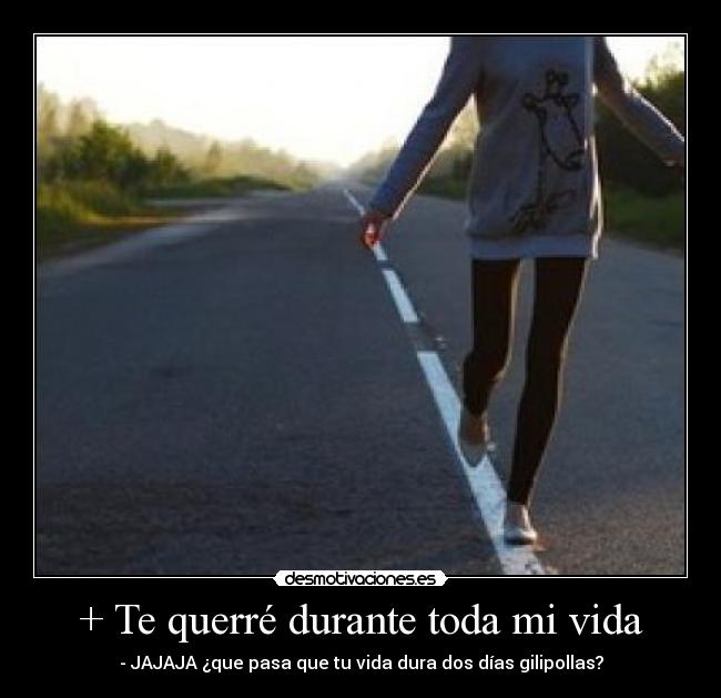 + Te querré durante toda mi vida - - JAJAJA ¿que pasa que tu vida dura dos días gilipollas?