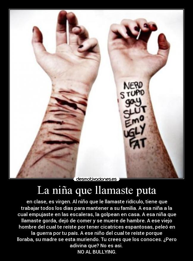La niña que llamaste puta - en clase, es virgen. Al niño que le llamaste ridículo, tiene que
trabajar todos los dias para mantener a su familia. A esa niña a la
cual empujaste en las escaleras, la golpean en casa. A esa niña que
llamaste gorda, dejó de comer y se muere de hambre. A ese viejo
hombre del cual te reíste por tener cicatrices espantosas, peleó en
la guerra por tu país. A ese niño del cual te reíste porque
lloraba, su madre se esta muriendo. Tu crees que los conoces. ¿Pero
adivina que? No es asi.
NO AL BULLYING.