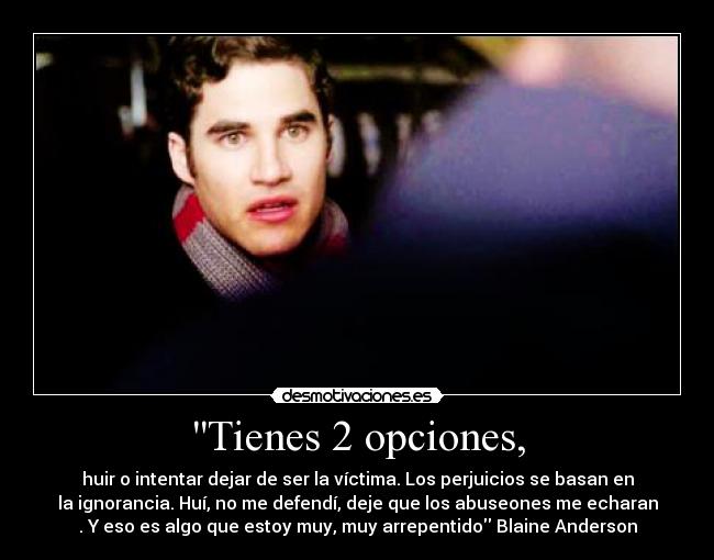 Tienes 2 opciones, - huir o intentar dejar de ser la víctima. Los perjuicios se basan en
la ignorancia. Huí, no me defendí, deje que los abuseones me echaran
. Y eso es algo que estoy muy, muy arrepentido Blaine Anderson