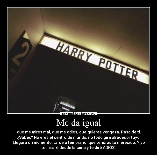 Me da igual - que me mires mal, que me odies, que quieras vengaza. Paso de ti.
¿Sabes? No eres el centro de mundo, no todo gira alrededor tuyo.
Llegará un momento, tarde o temprano, que tendrás tu merecido. Y yo
te miraré desde la cima y te diré ADIÓS.