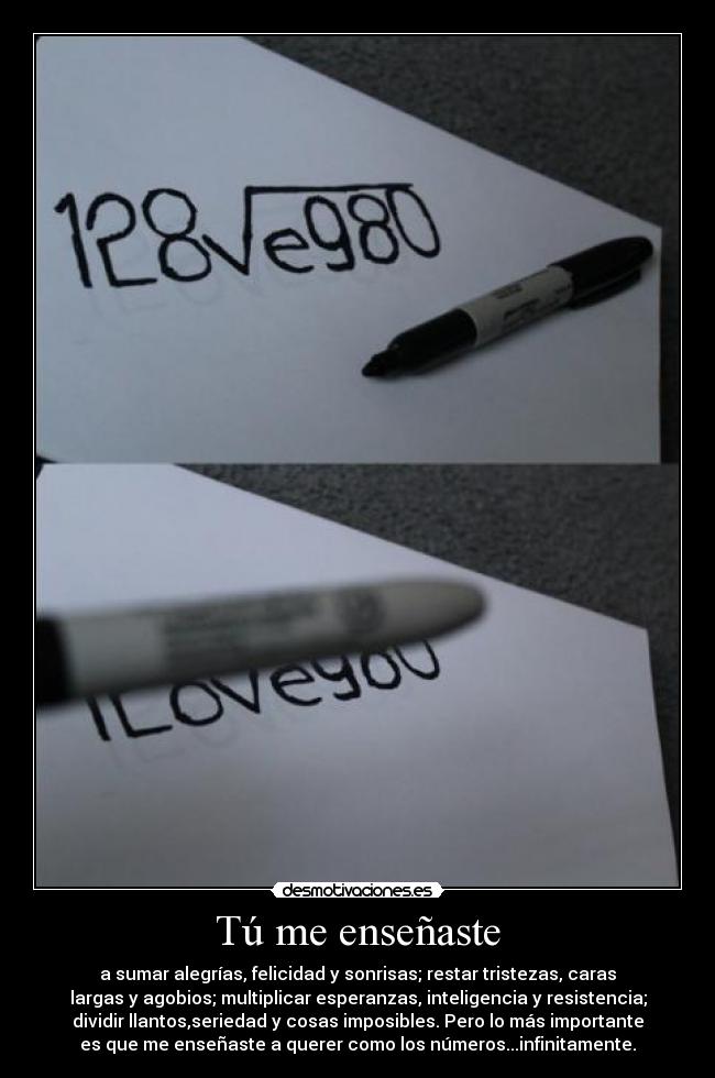 Tú me enseñaste - a sumar alegrías, felicidad y sonrisas; restar tristezas, caras
largas y agobios; multiplicar esperanzas, inteligencia y resistencia;
dividir llantos,seriedad y cosas imposibles. Pero lo más importante
es que me enseñaste a querer como los números...infinitamente.