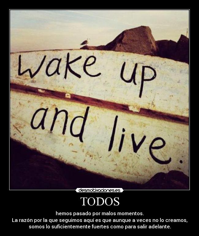 TODOS - hemos pasado por malos momentos.
La razón por la que seguimos aquí es que aunque a veces no lo creamos,
somos lo suficientemente fuertes como para salir adelante.