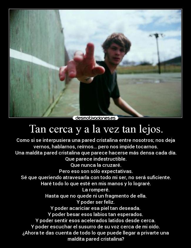 Tan cerca y a la vez tan lejos. - Como si se interpusiera una pared cristalina entre nosotros; nos deja
vernos, hablarnos, reírnos... pero nos impide tocarnos.
Una maldita pared cristalina que parece hacerse más densa cada día.
Que parece indestructible.
Que nunca la cruzaré.
Pero eso son sólo expectativas.
Sé que queriendo atravesarla con todo mi ser, no será suficiente.
Haré todo lo que esté en mis manos y lo lograré.
La romperé.
Hasta que no quede ni un fragmento de ella.
Y poder ser feliz.
Y poder acariciar esa piel tan deseada.
Y poder besar esos labios tan esperados.
Y poder sentir esos acelerados latidos desde cerca.
Y poder escuchar el susurro de su voz cerca de mi oído.
¿Ahora te das cuenta de todo lo que puede llegar a privarte una
maldita pared cristalina?