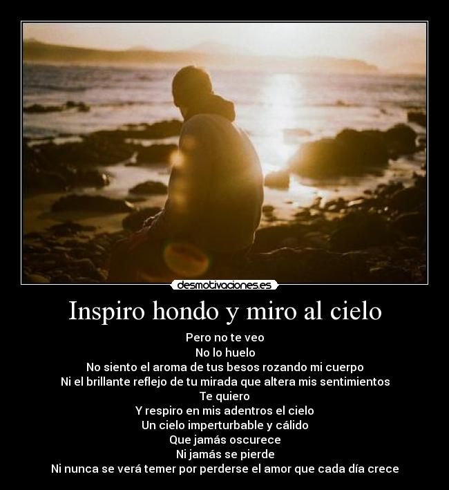 Inspiro hondo y miro al cielo - Pero no te veo
No lo huelo
No siento el aroma de tus besos rozando mi cuerpo
Ni el brillante reflejo de tu mirada que altera mis sentimientos
Te quiero
Y respiro en mis adentros el cielo
Un cielo imperturbable y cálido
Que jamás oscurece
Ni jamás se pierde
Ni nunca se verá temer por perderse el amor que cada día crece