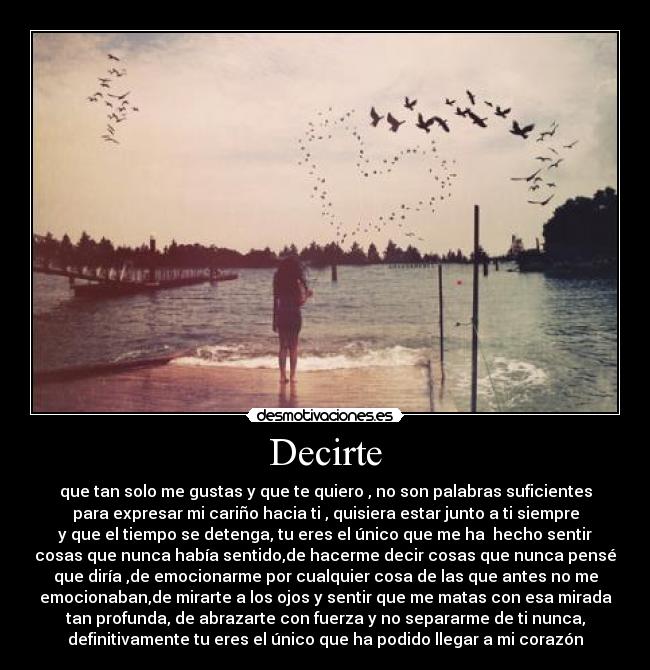 Decirte - que tan solo me gustas y que te quiero , no son palabras suficientes
para expresar mi cariño hacia ti , quisiera estar junto a ti siempre
y que el tiempo se detenga, tu eres el único que me ha hecho sentir
cosas que nunca había sentido,de hacerme decir cosas que nunca pensé
que diría ,de emocionarme por cualquier cosa de las que antes no me
emocionaban,de mirarte a los ojos y sentir que me matas con esa mirada
tan profunda, de abrazarte con fuerza y no separarme de ti nunca,
definitivamente tu eres el único que ha podido llegar a mi corazón