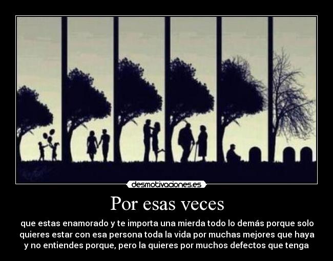 Por esas veces - que estas enamorado y te importa una mierda todo lo demás porque solo
quieres estar con esa persona toda la vida por muchas mejores que haya
y no entiendes porque, pero la quieres por muchos defectos que tenga