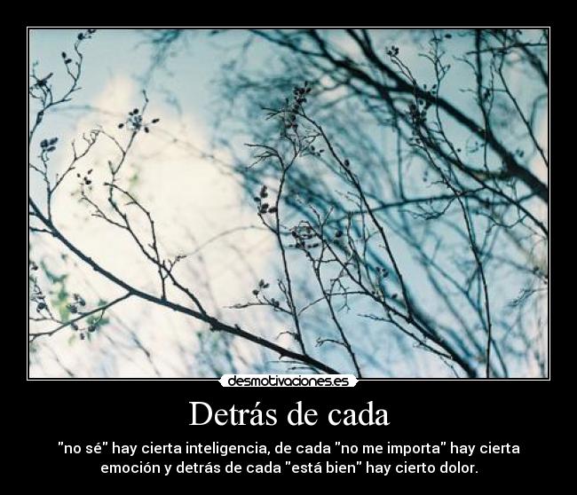 Detrás de cada - no sé hay cierta inteligencia, de cada no me importa hay cierta
emoción y detrás de cada está bien hay cierto dolor.
