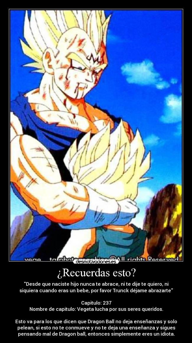 ¿Recuerdas esto? - Desde que naciste hijo nunca te abrace, ni te dije te quiero, ni
siquiera cuando eras un bebe, por favor Trunck déjame abrazarte

Capitulo: 237
Nombre de capitulo: Vegeta lucha por sus seres queridos.

Esto va para los que dicen que Dragon Ball no deja enseñanzas y solo
pelean, si esto no te conmueve y no te deja una enseñanza y sigues
pensando mal de Dragon ball, entonces simplemente eres un idiota.