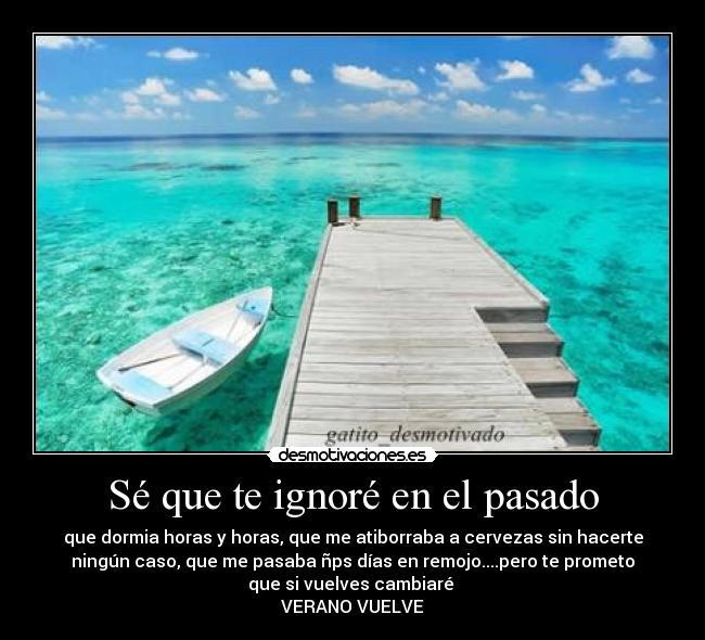 Sé que te ignoré en el pasado - que dormia horas y horas, que me atiborraba a cervezas sin hacerte
ningún caso, que me pasaba ñps días en remojo....pero te prometo
que si vuelves cambiaré
VERANO VUELVE