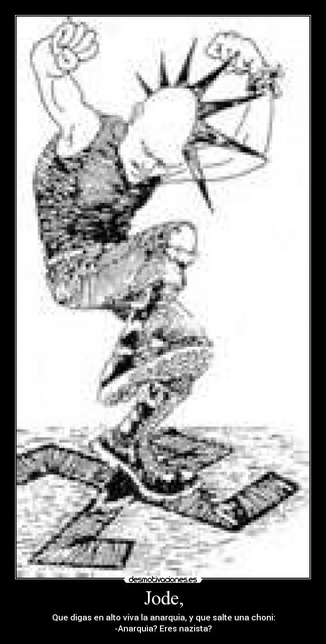 Jode, - Que digas en alto viva la anarquia, y que salte una choni:
-Anarquìa? Eres nazista?
