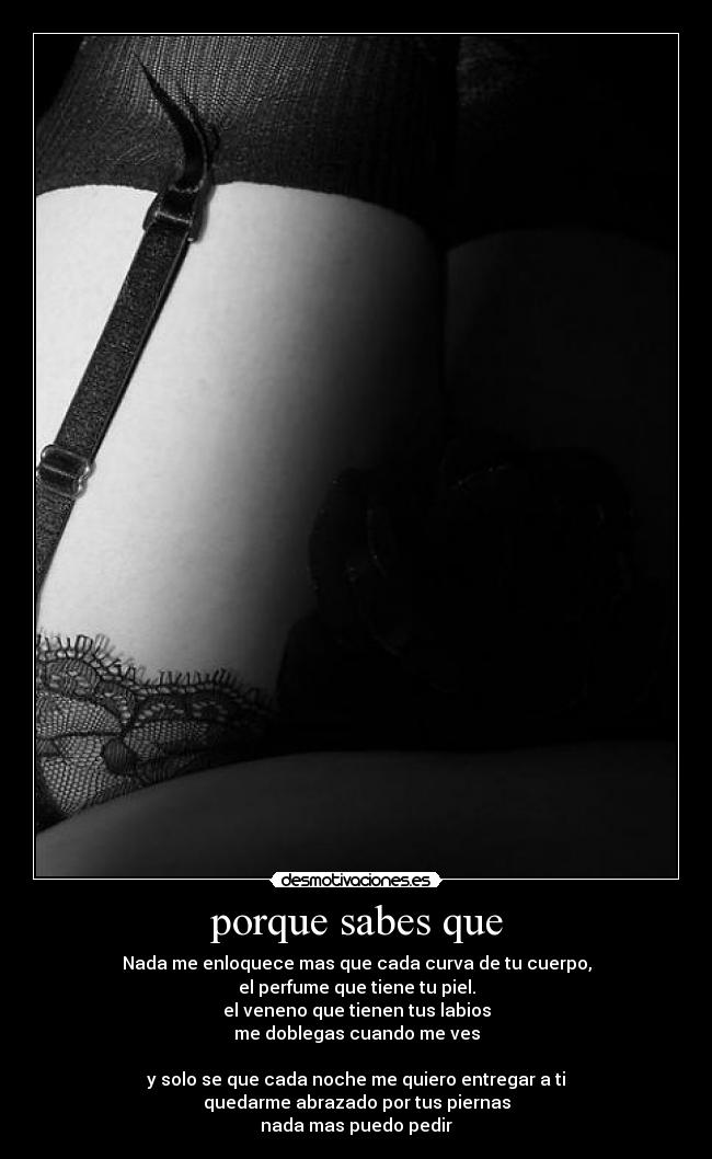 porque sabes que - Nada me enloquece mas que cada curva de tu cuerpo,
el perfume que tiene tu piel.
el veneno que tienen tus labios
me doblegas cuando me ves
y solo se que cada noche me quiero entregar a ti
quedarme abrazado por tus piernas
nada mas puedo pedir