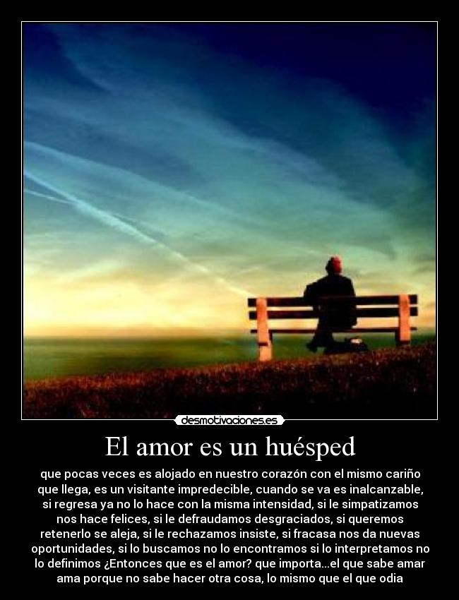 El amor es un huésped - que pocas veces es alojado en nuestro corazón con el mismo cariño
que llega, es un visitante impredecible, cuando se va es inalcanzable,
si regresa ya no lo hace con la misma intensidad, si le simpatizamos
nos hace felices, si le defraudamos desgraciados, si queremos
retenerlo se aleja, si le rechazamos insiste, si fracasa nos da nuevas
oportunidades, si lo buscamos no lo encontramos si lo interpretamos no
lo definimos ¿Entonces que es el amor? que importa...el que sabe amar
ama porque no sabe hacer otra cosa, lo mismo que el que odia