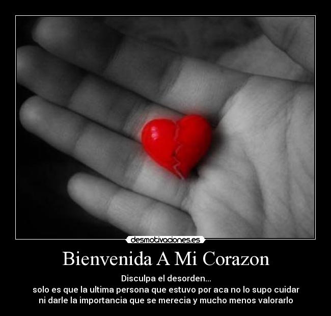 Bienvenida A Mi Corazon - Disculpa el desorden...
solo es que la ultima persona que estuvo por aca no lo supo cuidar
ni darle la importancia que se merecia y mucho menos valorarlo