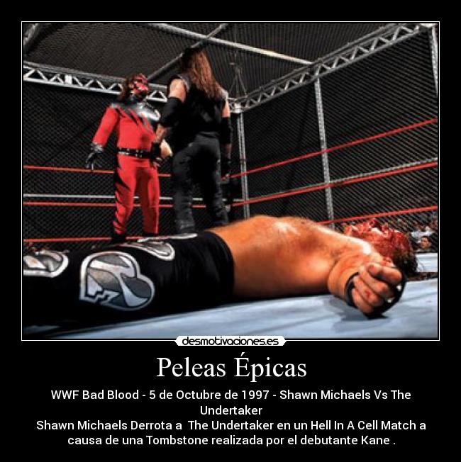 Peleas Épicas - WWF Bad Blood - 5 de Octubre de 1997 - Shawn Michaels Vs The
Undertaker
Shawn Michaels Derrota a The Undertaker en un Hell In A Cell Match a
causa de una Tombstone realizada por el debutante Kane .