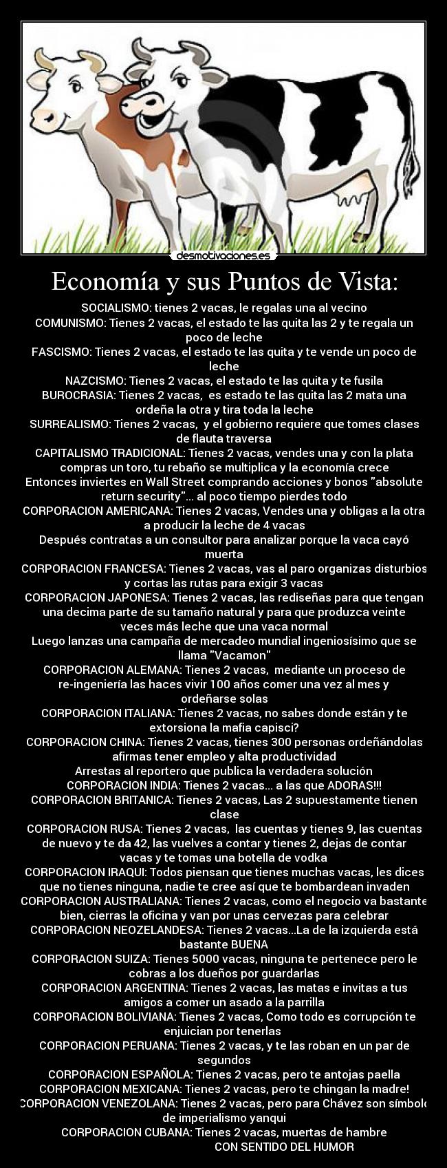 Economía y sus Puntos de Vista: - SOCIALISMO: tienes 2 vacas, le regalas una al vecino
COMUNISMO: Tienes 2 vacas, el estado te las quita las 2 y te regala un
poco de leche
FASCISMO: Tienes 2 vacas, el estado te las quita y te vende un poco de
leche
NAZCISMO: Tienes 2 vacas, el estado te las quita y te fusila
BUROCRASIA: Tienes 2 vacas,  es estado te las quita las 2 mata una
ordeña la otra y tira toda la leche
SURREALISMO: Tienes 2 vacas,  y el gobierno requiere que tomes clases
de flauta traversa
CAPITALISMO TRADICIONAL: Tienes 2 vacas, vendes una y con la plata
compras un toro, tu rebaño se multiplica y la economía crece
Entonces inviertes en Wall Street comprando acciones y bonos absolute
return security... al poco tiempo pierdes todo
CORPORACION AMERICANA: Tienes 2 vacas, Vendes una y obligas a la otra
a producir la leche de 4 vacas
Después contratas a un consultor para analizar porque la vaca cayó
muerta
CORPORACION FRANCESA: Tienes 2 vacas, vas al paro organizas disturbios
y cortas las rutas para exigir 3 vacas
CORPORACION JAPONESA: Tienes 2 vacas, las rediseñas para que tengan
una decima parte de su tamaño natural y para que produzca veinte
veces más leche que una vaca normal
Luego lanzas una campaña de mercadeo mundial ingeniosísimo que se
llama Vacamon
CORPORACION ALEMANA: Tienes 2 vacas,  mediante un proceso de
re-ingeniería las haces vivir 100 años comer una vez al mes y
ordeñarse solas
CORPORACION ITALIANA: Tienes 2 vacas, no sabes donde están y te
extorsiona la mafia capisci?
CORPORACION CHINA: Tienes 2 vacas, tienes 300 personas ordeñándolas
afirmas tener empleo y alta productividad
Arrestas al reportero que publica la verdadera solución
CORPORACION INDIA: Tienes 2 vacas... a las que ADORAS!!!
CORPORACION BRITANICA: Tienes 2 vacas, Las 2 supuestamente tienen
clase
CORPORACION RUSA: Tienes 2 vacas,  las cuentas y tienes 9, las cuentas
de nuevo y te da 42, las vuelves a contar y tienes 2, dejas de contar
vacas y te tomas una botella de vodka
CORPORACION IRAQUI: Todos piensan que tienes muchas vacas, les dices
que no tienes ninguna, nadie te cree así que te bombardean invaden
CORPORACION AUSTRALIANA: Tienes 2 vacas, como el negocio va bastante
bien, cierras la oficina y van por unas cervezas para celebrar
CORPORACION NEOZELANDESA: Tienes 2 vacas...La de la izquierda está
bastante BUENA
CORPORACION SUIZA: Tienes 5000 vacas, ninguna te pertenece pero le
cobras a los dueños por guardarlas
CORPORACION ARGENTINA: Tienes 2 vacas, las matas e invitas a tus
amigos a comer un asado a la parrilla
CORPORACION BOLIVIANA: Tienes 2 vacas, Como todo es corrupción te
enjuician por tenerlas 
CORPORACION PERUANA: Tienes 2 vacas, y te las roban en un par de
segundos
CORPORACION ESPAÑOLA: Tienes 2 vacas, pero te antojas paella
CORPORACION MEXICANA: Tienes 2 vacas, pero te chingan la madre!
CORPORACION VENEZOLANA: Tienes 2 vacas, pero para Chávez son símbolo
de imperialismo yanqui
CORPORACION CUBANA: Tienes 2 vacas, muertas de hambre
                                            CON SENTIDO DEL HUMOR