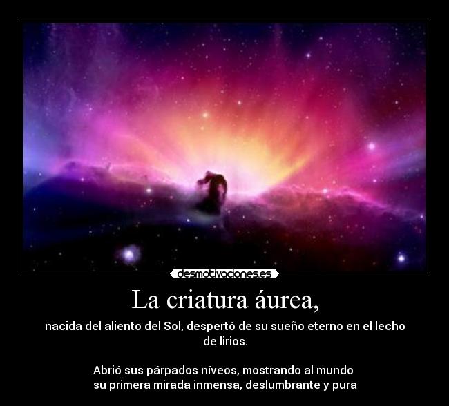 La criatura áurea, - nacida del aliento del Sol, despertó de su sueño eterno en el lecho de lirios.
 
Abrió sus párpados níveos, mostrando al mundo 
su primera mirada inmensa, deslumbrante y pura