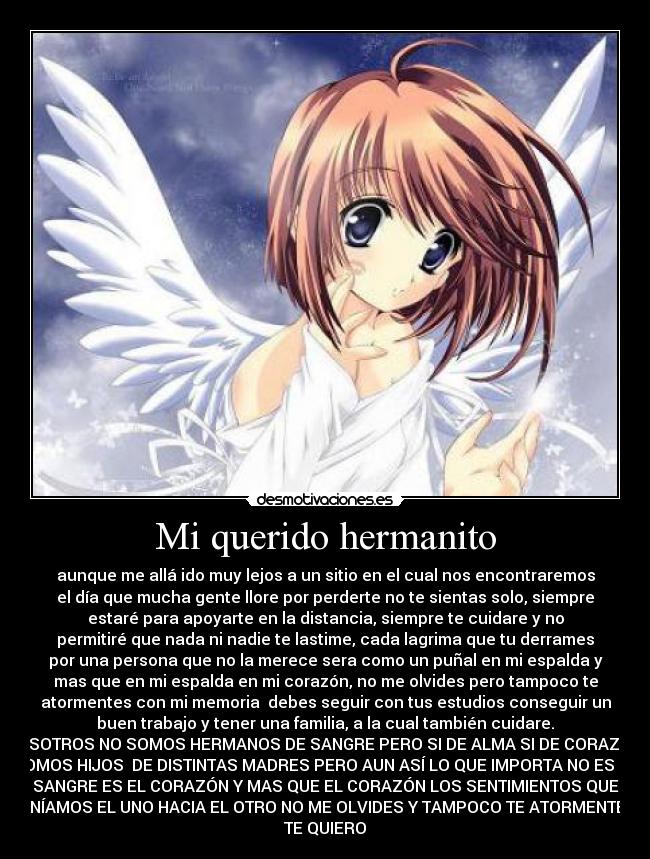 Mi querido hermanito - aunque me allá ido muy lejos a un sitio en el cual nos encontraremos
el día que mucha gente llore por perderte no te sientas solo, siempre
estaré para apoyarte en la distancia, siempre te cuidare y no
permitiré que nada ni nadie te lastime, cada lagrima que tu derrames
por una persona que no la merece sera como un puñal en mi espalda y
mas que en mi espalda en mi corazón, no me olvides pero tampoco te
atormentes con mi memoria debes seguir con tus estudios conseguir un
buen trabajo y tener una familia, a la cual también cuidare.
NOSOTROS NO SOMOS HERMANOS DE SANGRE PERO SI DE ALMA SI DE CORAZÓN,
SOMOS HIJOS DE DISTINTAS MADRES PERO AUN ASÍ LO QUE IMPORTA NO ES LA
SANGRE ES EL CORAZÓN Y MAS QUE EL CORAZÓN LOS SENTIMIENTOS QUE
TENÍAMOS EL UNO HACIA EL OTRO NO ME OLVIDES Y TAMPOCO TE ATORMENTES.
TE QUIERO