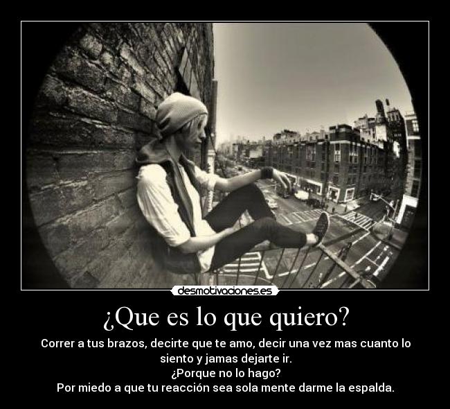¿Que es lo que quiero? - Correr a tus brazos, decirte que te amo, decir una vez mas cuanto lo
siento y jamas dejarte ir.
¿Porque no lo hago?
Por miedo a que tu reacción sea sola mente darme la espalda.