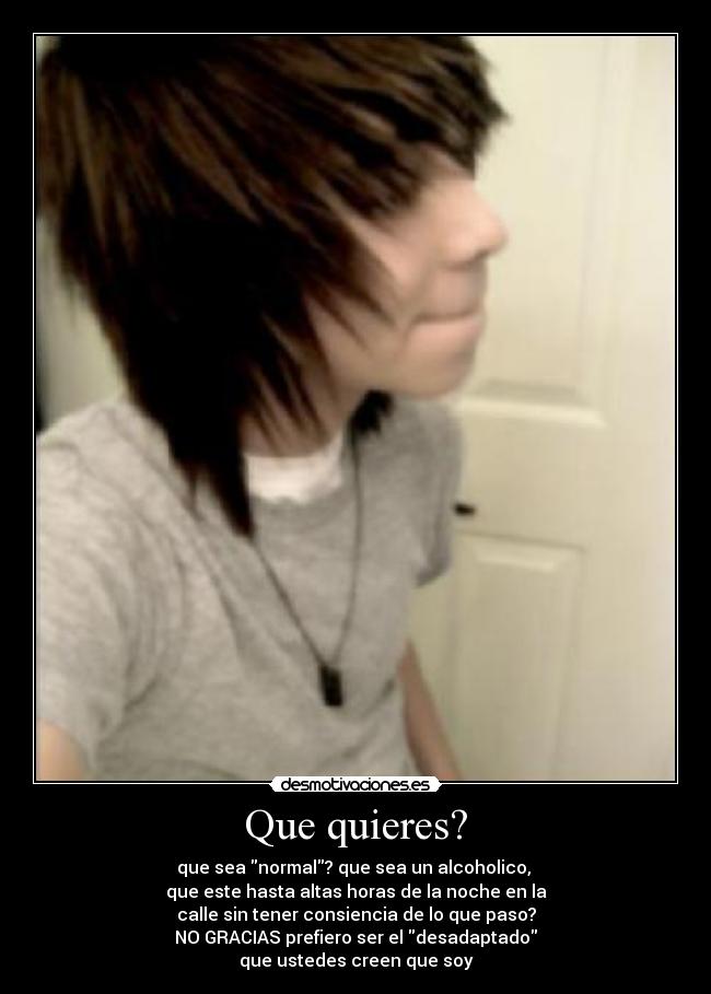 Que quieres? - que sea normal? que sea un alcoholico,
que este hasta altas horas de la noche en la
calle sin tener consiencia de lo que paso?
NO GRACIAS prefiero ser el desadaptado
que ustedes creen que soy