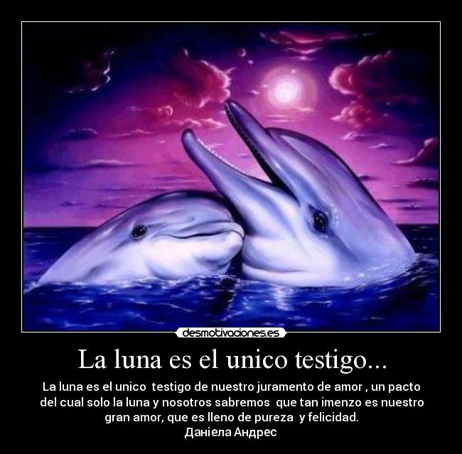 La luna es el unico testigo... - La luna es el unico  testigo de nuestro juramento de amor , un pacto
del cual solo la luna y nosotros sabremos  que tan imenzo es nuestro
gran amor, que es lleno de pureza  y felicidad.
Даніела Андрес