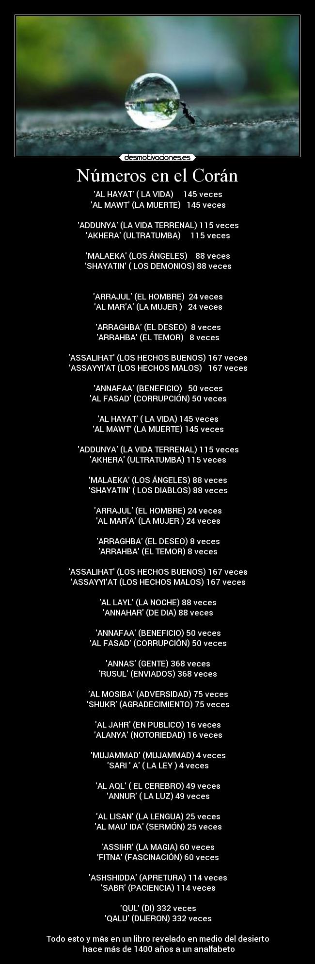Números en el Corán - AL HAYAT ( LA VIDA) 145 veces
AL MAWT (LA MUERTE) 145 veces
ADDUNYA (LA VIDA TERRENAL) 115 veces
AKHERA (ULTRATUMBA) 115 veces
MALAEKA (LOS ÁNGELES) 88 veces
SHAYATIN ( LOS DEMONIOS) 88 veces
ARRAJUL (EL HOMBRE) 24 veces
AL MARA (LA MUJER ) 24 veces
ARRAGHBA (EL DESEO) 8 veces
ARRAHBA (EL TEMOR) 8 veces
ASSALIHAT (LOS HECHOS BUENOS) 167 veces
ASSAYYIAT (LOS HECHOS MALOS) 167 veces
ANNAFAA (BENEFICIO) 50 veces
AL FASAD (CORRUPCIÓN) 50 veces
AL HAYAT ( LA VIDA) 145 veces
AL MAWT (LA MUERTE) 145 veces
ADDUNYA (LA VIDA TERRENAL) 115 veces
AKHERA (ULTRATUMBA) 115 veces
MALAEKA (LOS ÁNGELES) 88 veces
SHAYATIN ( LOS DIABLOS) 88 veces
ARRAJUL (EL HOMBRE) 24 veces
AL MARA (LA MUJER ) 24 veces
ARRAGHBA (EL DESEO) 8 veces
ARRAHBA (EL TEMOR) 8 veces
ASSALIHAT (LOS HECHOS BUENOS) 167 veces
ASSAYYIAT (LOS HECHOS MALOS) 167 veces
AL LAYL (LA NOCHE) 88 veces
ANNAHAR (DE DIA) 88 veces
ANNAFAA (BENEFICIO) 50 veces
AL FASAD (CORRUPCIÓN) 50 veces
ANNAS (GENTE) 368 veces
RUSUL (ENVIADOS) 368 veces
AL MOSIBA (ADVERSIDAD) 75 veces
SHUKR (AGRADECIMIENTO) 75 veces
AL JAHR (EN PUBLICO) 16 veces
ALANYA (NOTORIEDAD) 16 veces
MUJAMMAD (MUJAMMAD) 4 veces
SARI A ( LA LEY ) 4 veces
AL AQL ( EL CEREBRO) 49 veces
ANNUR ( LA LUZ) 49 veces
AL LISAN (LA LENGUA) 25 veces
AL MAU IDA (SERMÓN) 25 veces
ASSIHR (LA MAGIA) 60 veces
FITNA (FASCINACIÓN) 60 veces
ASHSHIDDA (APRETURA) 114 veces
SABR (PACIENCIA) 114 veces
QUL (DI) 332 veces
QALU (DIJERON) 332 veces
Todo esto y más en un libro revelado en medio del desierto
hace más de 1400 años a un analfabeto