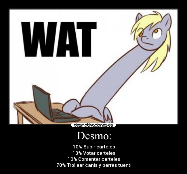 Desmo: - 10% Subir carteles
10% Votar carteles
10% Comentar carteles
70% Trollear canis y perras tuenti