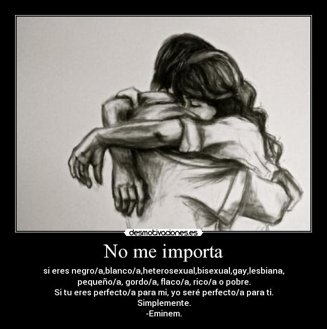 No me importa - si eres negro/a,blanco/a,heterosexual,bisexual,gay,lesbiana,
pequeño/a, gordo/a, flaco/a, rico/a o pobre.
Si tu eres perfecto/a para mi, yo seré perfecto/a para ti.
Simplemente.
-Eminem.