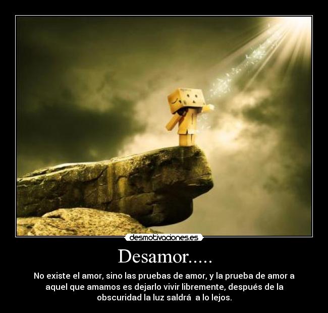 Desamor..... - No existe el amor, sino las pruebas de amor, y la prueba de amor a
aquel que amamos es dejarlo vivir libremente, después de la
obscuridad la luz saldrá  a lo lejos.