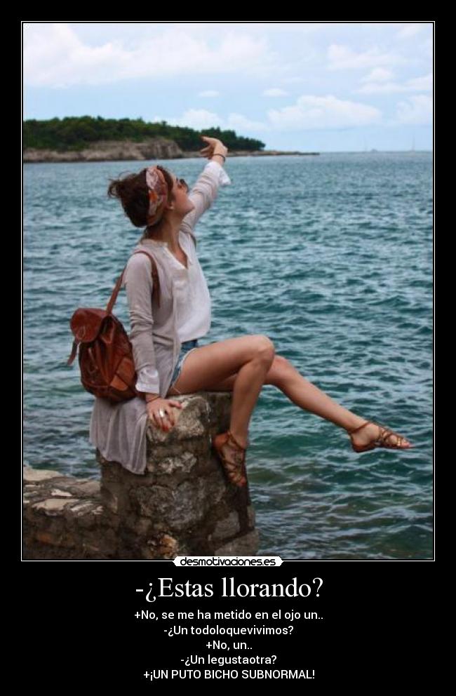 -¿Estas llorando? - +No, se me ha metido en el ojo un..
-¿Un todoloquevivimos?
+No, un..
-¿Un legustaotra?
+¡UN PUTO BICHO SUBNORMAL!
