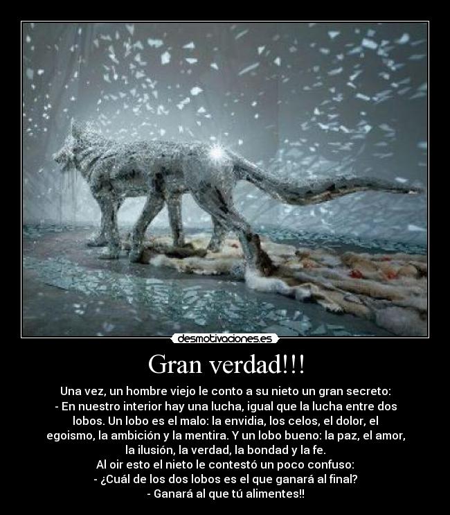 Gran verdad!!! - Una vez, un hombre viejo le conto a su nieto un gran secreto:
- En nuestro interior hay una lucha, igual que la lucha entre dos
lobos. Un lobo es el malo: la envidia, los celos, el dolor, el
egoismo, la ambición y la mentira. Y un lobo bueno: la paz, el amor,
la ilusión, la verdad, la bondad y la fe.
Al oir esto el nieto le contestó un poco confuso:
- ¿Cuál de los dos lobos es el que ganará al final?
- Ganará al que tú alimentes!!