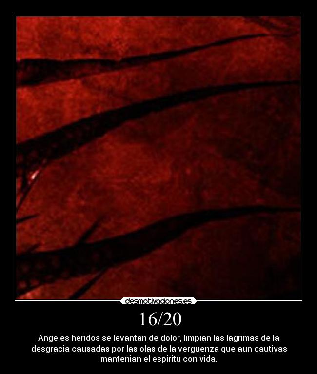 16/20 - Angeles heridos se levantan de dolor, limpian las lagrimas de la
desgracia causadas por las olas de la verguenza que aun cautivas
mantenian el espiritu con vida.