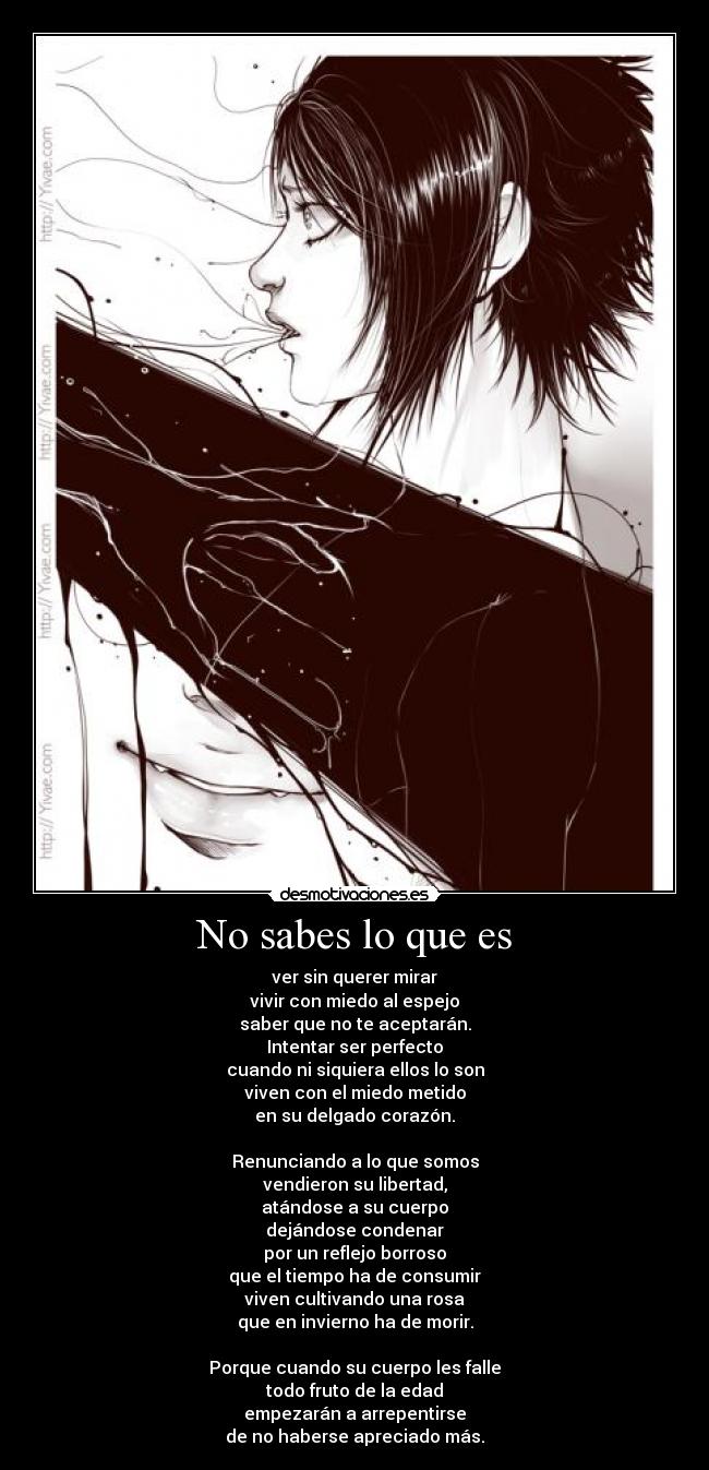 No sabes lo que es - ver sin querer mirar
vivir con miedo al espejo
saber que no te aceptarán.
Intentar ser perfecto
cuando ni siquiera ellos lo son
viven con el miedo metido
en su delgado corazón.

Renunciando a lo que somos
vendieron su libertad,
atándose a su cuerpo
dejándose condenar
por un reflejo borroso
que el tiempo ha de consumir
viven cultivando una rosa
que en invierno ha de morir.

Porque cuando su cuerpo les falle
todo fruto de la edad
empezarán a arrepentirse
de no haberse apreciado más.