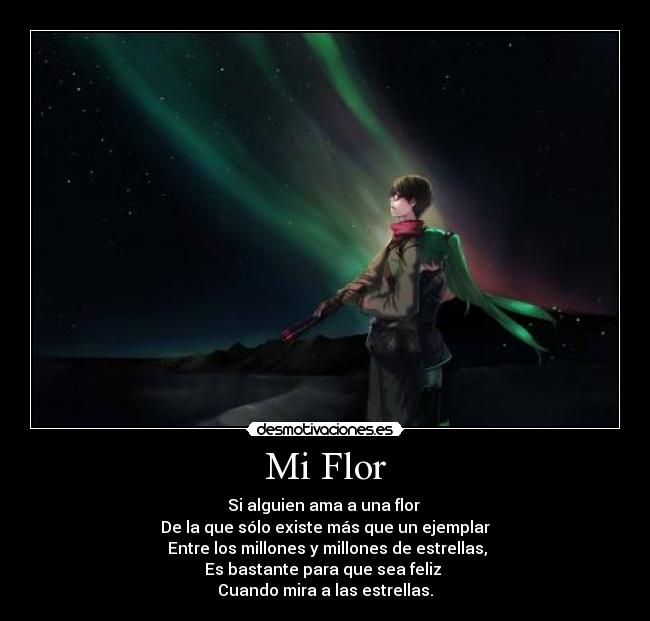Mi Flor - Si alguien ama a una flor
De la que sólo existe más que un ejemplar
Entre los millones y millones de estrellas,
Es bastante para que sea feliz
Cuando mira a las estrellas.