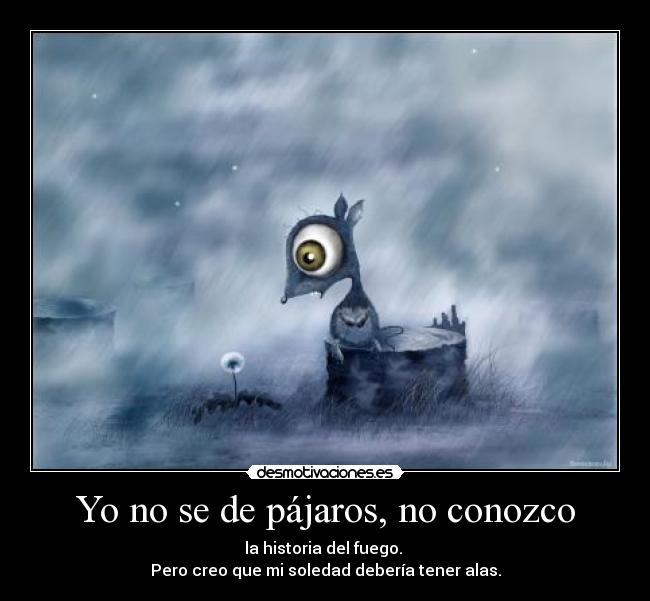 Yo no se de pájaros, no conozco - la historia del fuego. 
Pero creo que mi soledad debería tener alas.