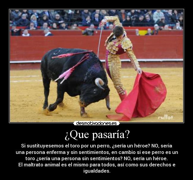 ¿Que pasaría? - Si sustituyesemos el toro por un perro, ¿sería un héroe? NO, seria
una persona enferma y sin sentimientos, en cambio si ese perro es un
toro ¿sería una persona sin sentimientos? NO, sería un héroe.
El maltrato animal es el mismo para todos, así como sus derechos e
igualdades.