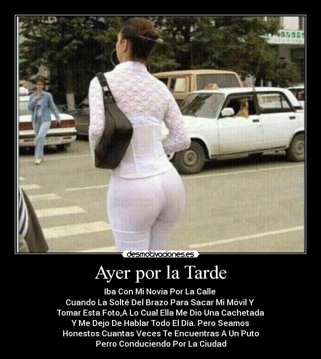 Ayer por la Tarde - Iba Con Mi Novia Por La Calle
Cuando La Solté Del Brazo Para Sacar Mi Móvil Y
Tomar Esta Foto,A Lo Cual Ella Me Dio Una Cachetada
Y Me Dejo De Hablar Todo El Día. Pero Seamos
Honestos Cuantas Veces Te Encuentras A Un Puto
Perro Conduciendo Por La Ciudad