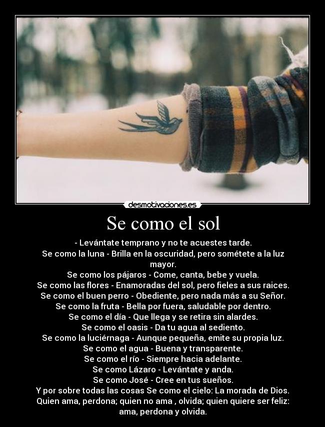 Se como el sol - - Levántate temprano y no te acuestes tarde.
Se como la luna - Brilla en la oscuridad, pero sométete a la luz
mayor.
Se como los pájaros - Come, canta, bebe y vuela.
Se como las flores - Enamoradas del sol, pero fieles a sus raices.
Se como el buen perro - Obediente, pero nada más a su Señor.
Se como la fruta - Bella por fuera, saludable por dentro.
Se como el día - Que llega y se retira sin alardes.
Se como el oasis - Da tu agua al sediento.
Se como la luciérnaga - Aunque pequeña, emite su propia luz.
Se como el agua - Buena y transparente.
Se como el río - Siempre hacia adelante.
Se como Lázaro - Levántate y anda.
Se como José - Cree en tus sueños.
Y por sobre todas las cosas Se como el cielo: La morada de Dios.
Quien ama, perdona; quien no ama , olvida; quien quiere ser feliz:
ama, perdona y olvida.