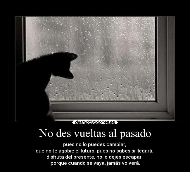 No des vueltas al pasado - pues no lo puedes cambiar,
que no te agobie el futuro, pues no sabes si llegará,
disfruta del presente, no lo dejes escapar,
porque cuando se vaya, jamás volverá.