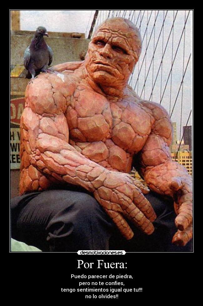 Por Fuera: - Puedo parecer de piedra,
pero no te confies,
tengo sentimientos igual que tu!!!
no lo olvides!!