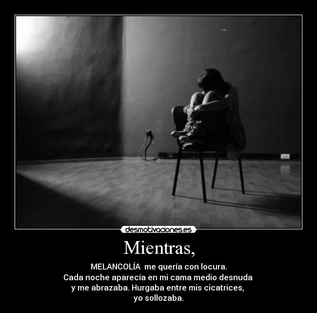 Mientras, - MELANCOLÍA  me quería con locura.
Cada noche aparecía en mi cama medio desnuda 
y me abrazaba. Hurgaba entre mis cicatrices, 
yo sollozaba.