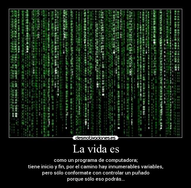 La vida es - como un programa de computadora;
tiene inicio y fin, por el camino hay innumerables variables,
pero sólo conformate con controlar un puñado
porque sólo eso podrás...